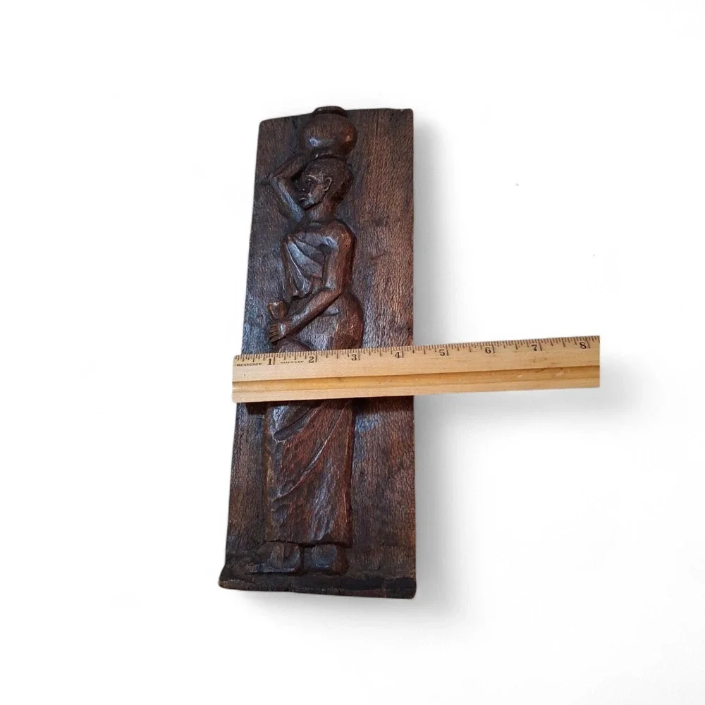 Folk Art Rustic Primitive Woman Figure Hand Carved Wooden Wall Panel Signed 12